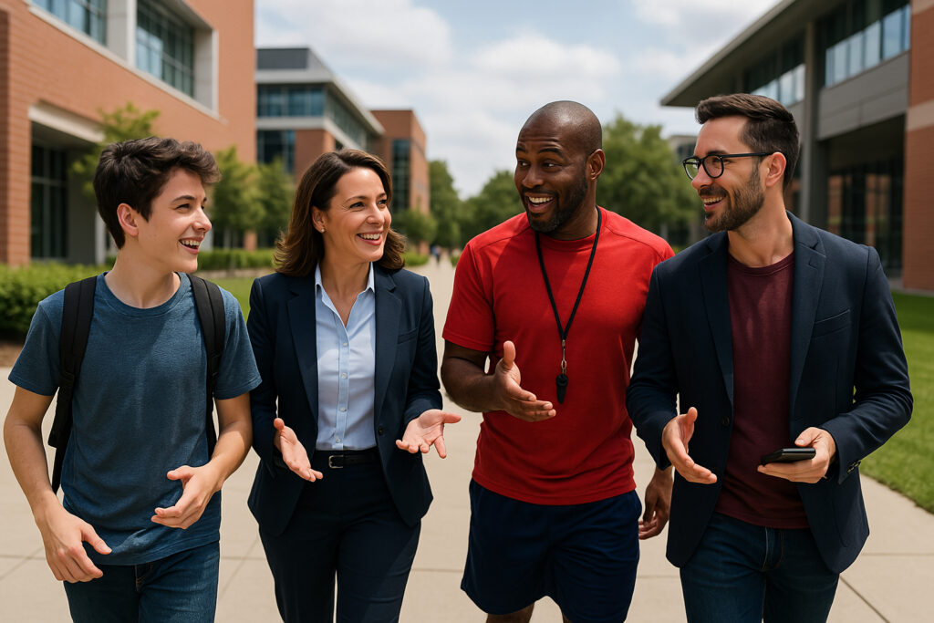 A diverse group of youth, professionals, athletes, and entrepreneurs collaborating and brainstorming with the Leadm leadership development app in a modern, creative office space representing the leadership journey offered by Leadm.
